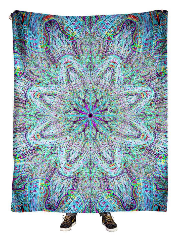 Hanging view of all over print electric rainbow mandala blanket by GratefullyDyed Apparel.