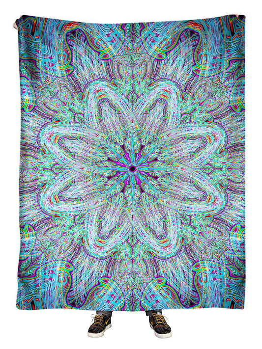 Hanging view of all over print electric rainbow mandala blanket by GratefullyDyed Apparel.