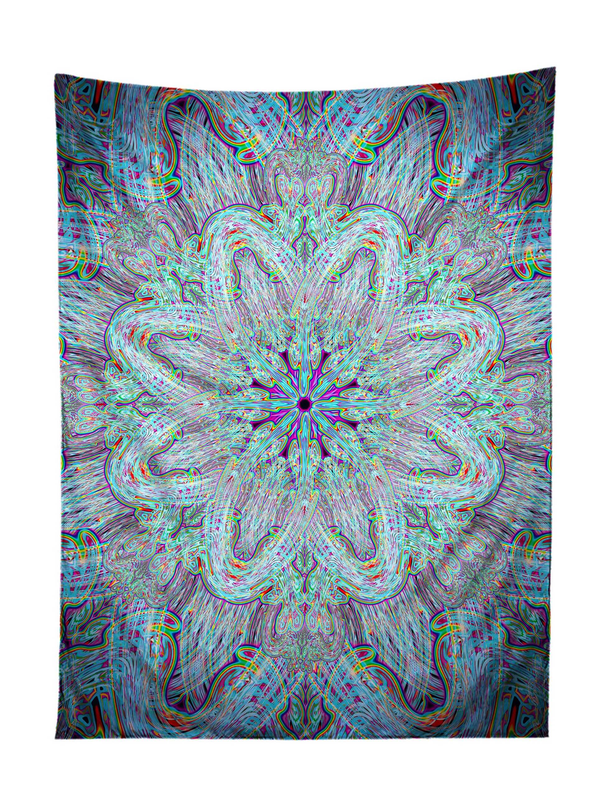 Vertical hanging view of all over print electric rainbow mandala tapestry by GratefullyDyed Apparel.