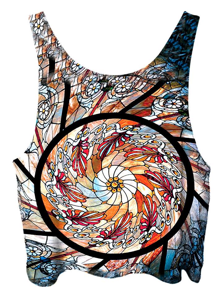 All over print psychedelic sacred geometry cropped top by Gratefully Dyed Apparel back view.