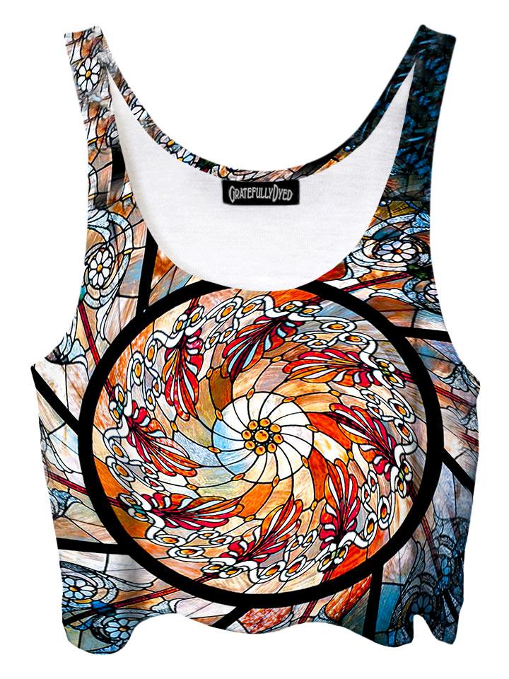 Trippy front view of GratefullyDyed Apparel white, orange & red stained glass mandala crop top.