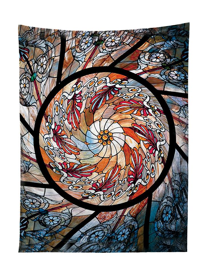 Vertical hanging view of all over print red, orange & white stained glass mandala tapestry by GratefullyDyed Apparel.