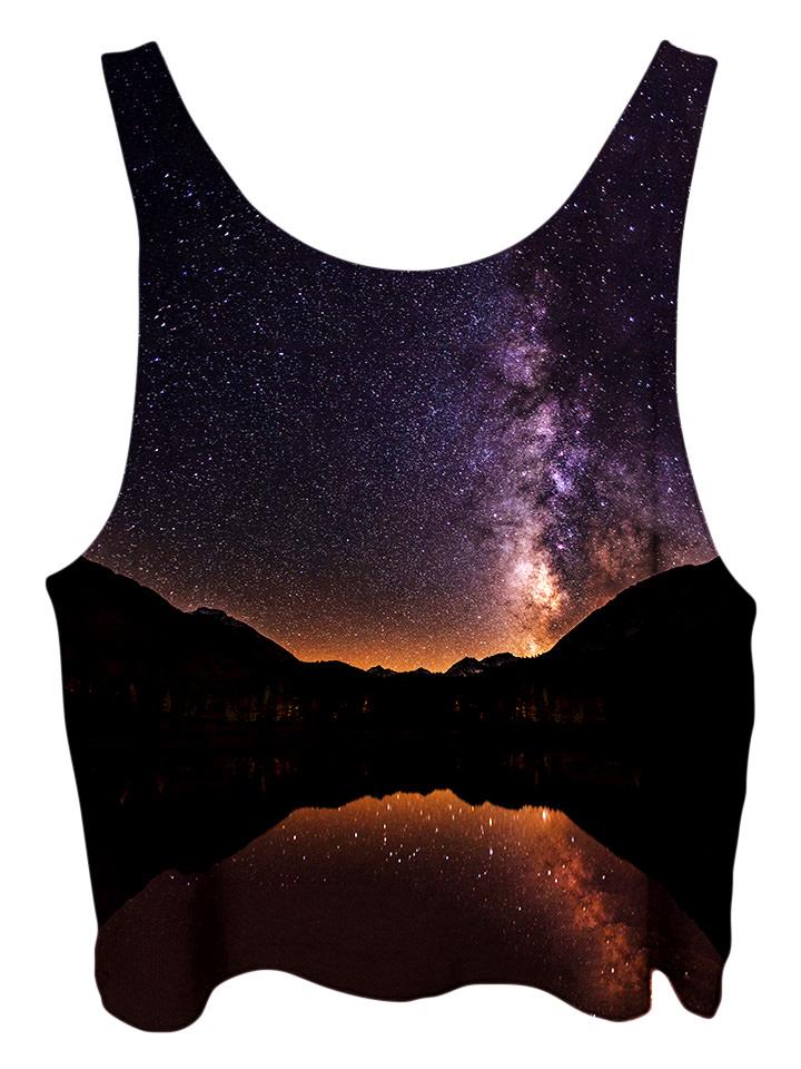 All over print psychedelic space nature cropped top by Gratefully Dyed Apparel back view.