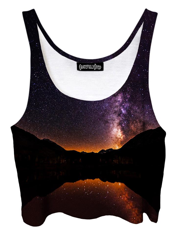 Trippy front view of GratefullyDyed Apparel purple & black mountain galaxy crop top.