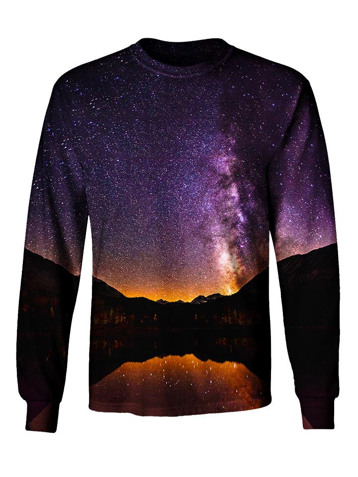 Gratefully Dyed Apparel purple & black mountain galaxy unisex long sleeve front view.