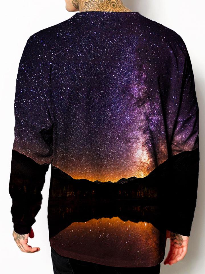 Model back view of all over print psychedelic space nature unisex longsleeve.