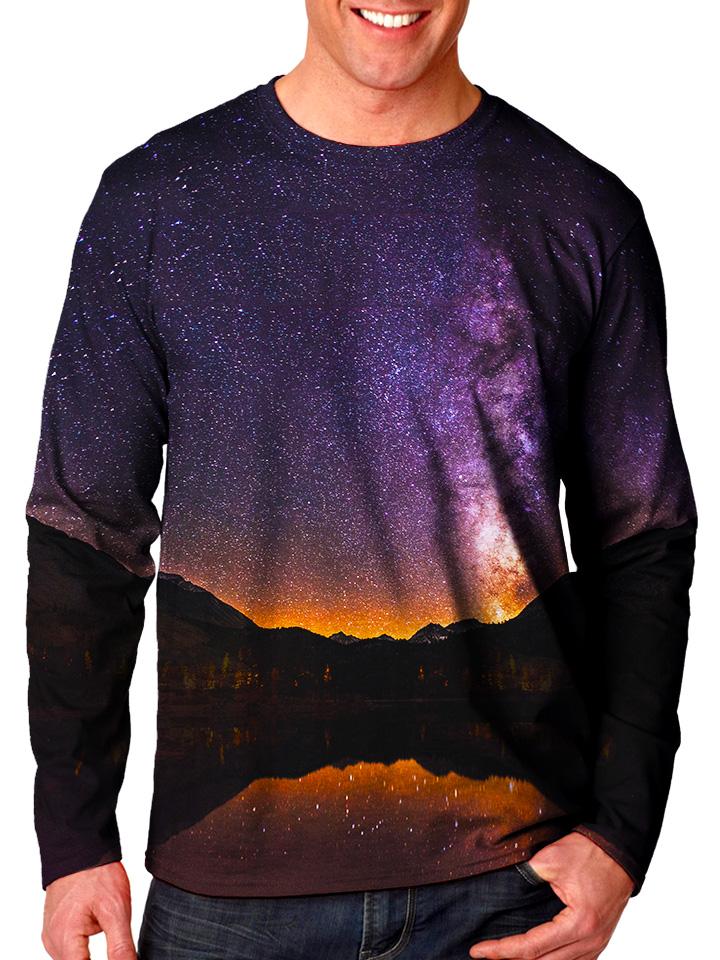 Front view of model wearing Gratefully Dyed Apparel mountain galaxy unisex long sleeve.