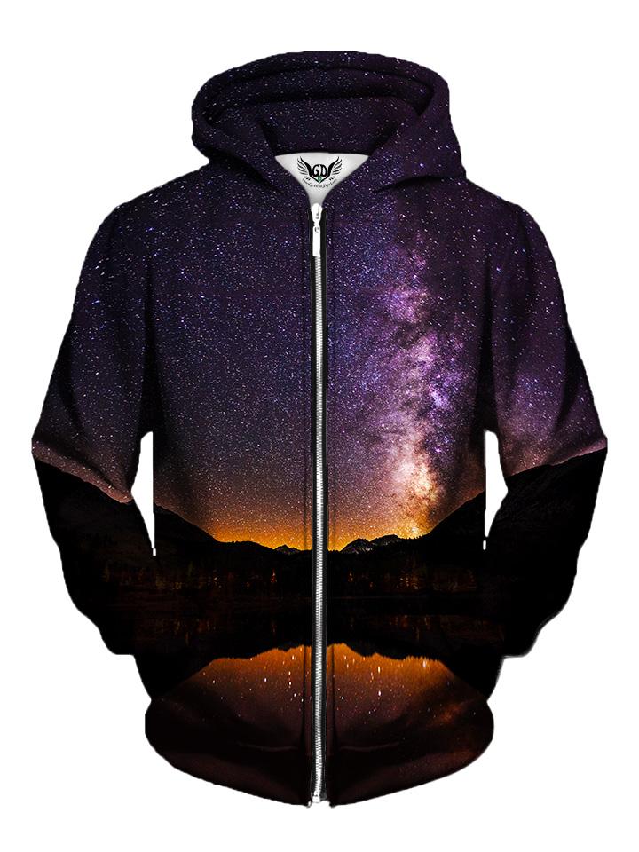 Men's black mountain with purple galaxy zip-up hoodie front view.