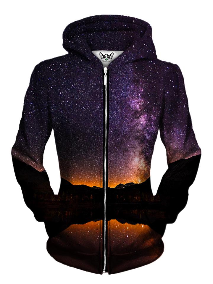 Front view of women's mountain galaxy zip up hoody by Gratefully Dyed Apparel.