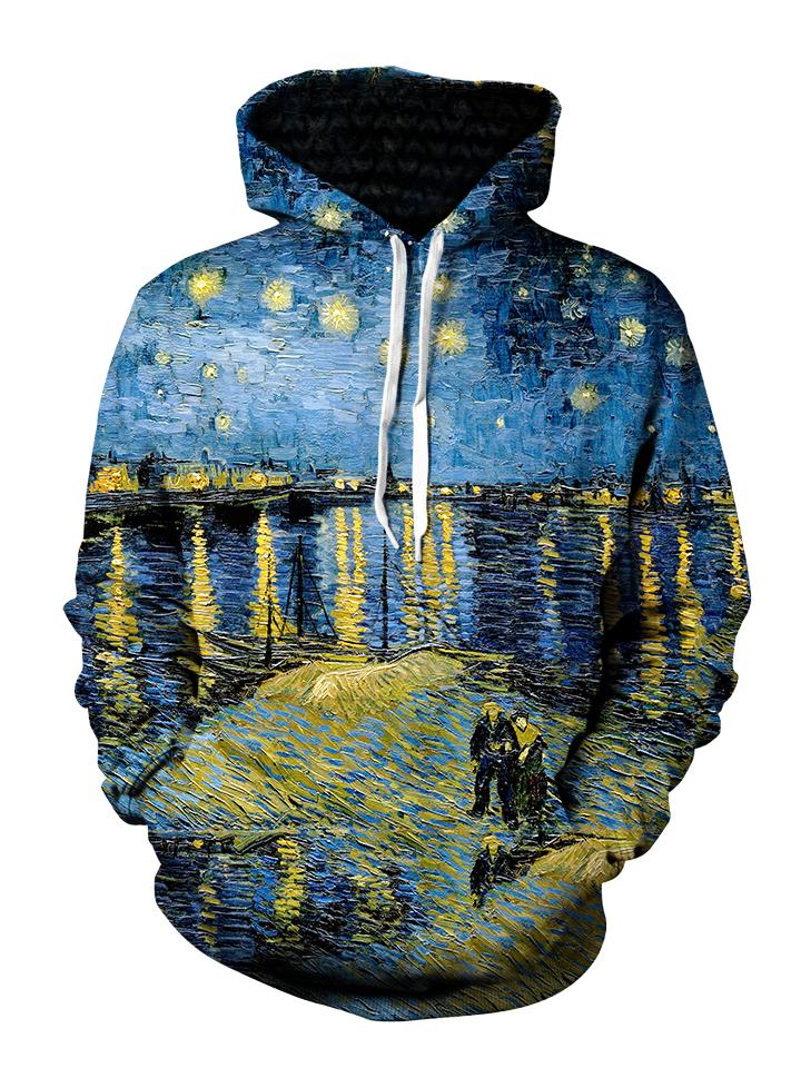 Men's blue & yellow Van Gogh inspired starry sky ocean scene pullover hoodie front view.