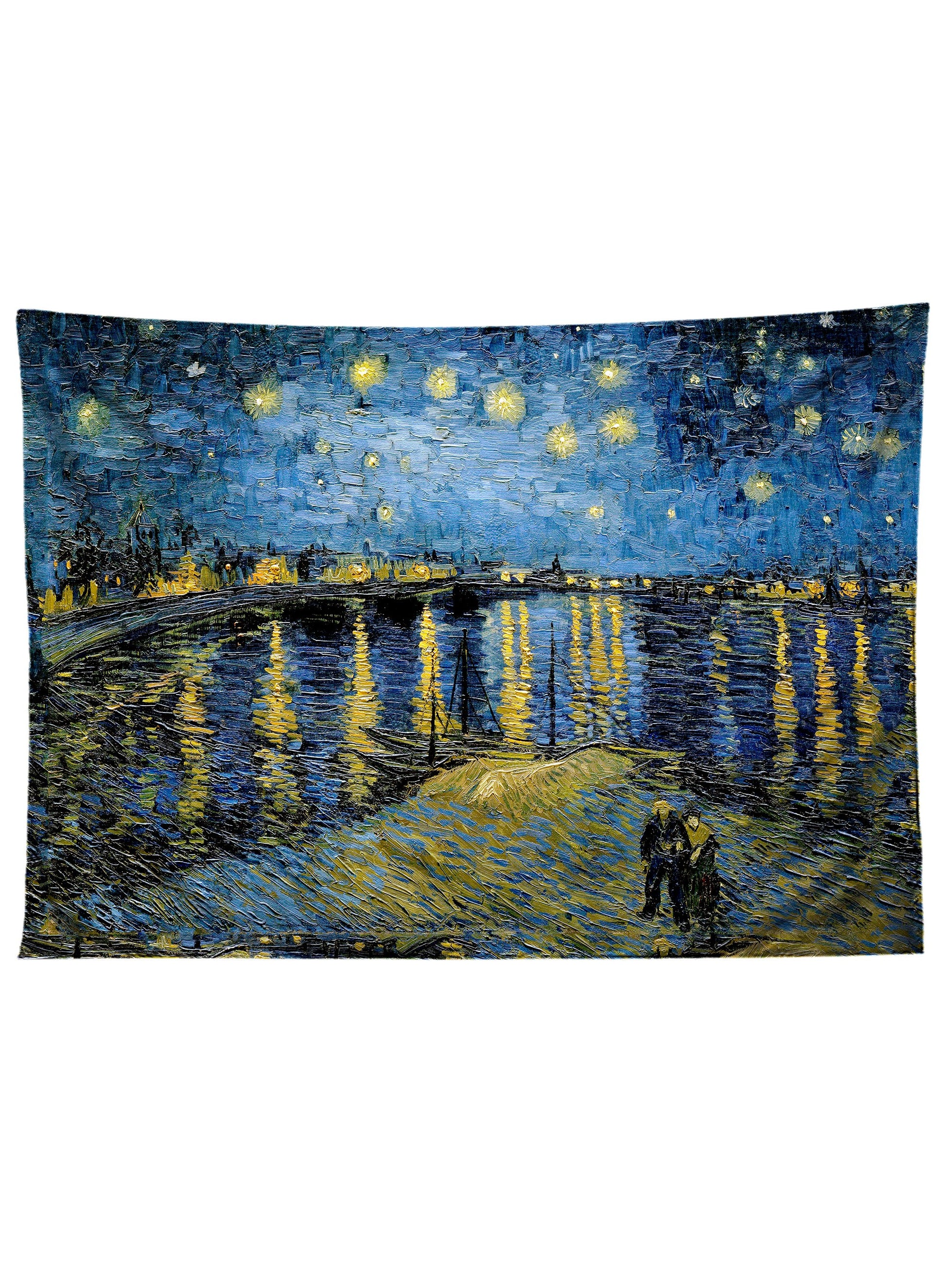 Horizontal hanging view of all over print blue & yellow starry water Van Gogh inspired tapestry by GratefullyDyed Apparel.