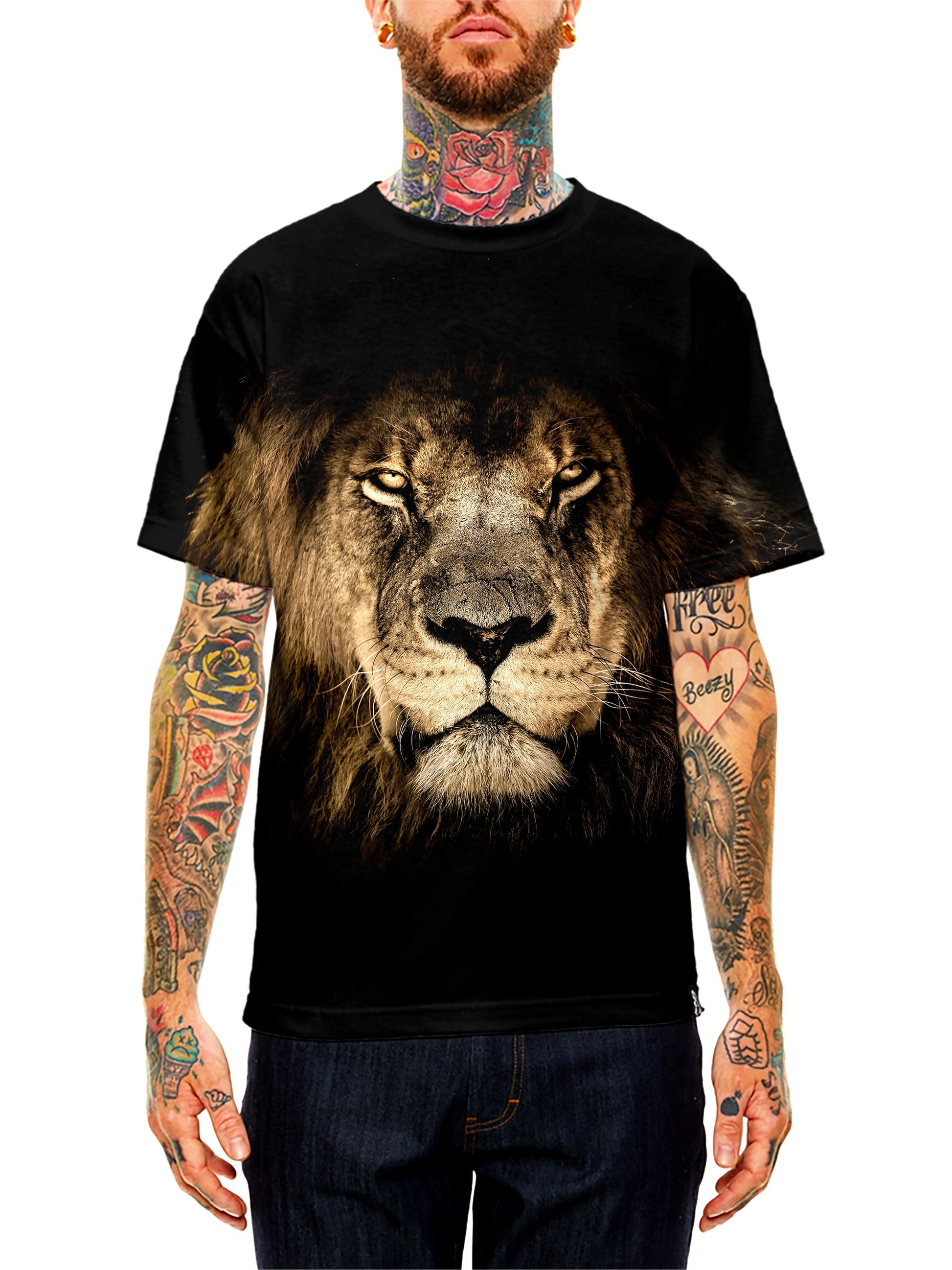 Model wearing GratefullyDyed Apparel black & brown lion unisex t-shirt.