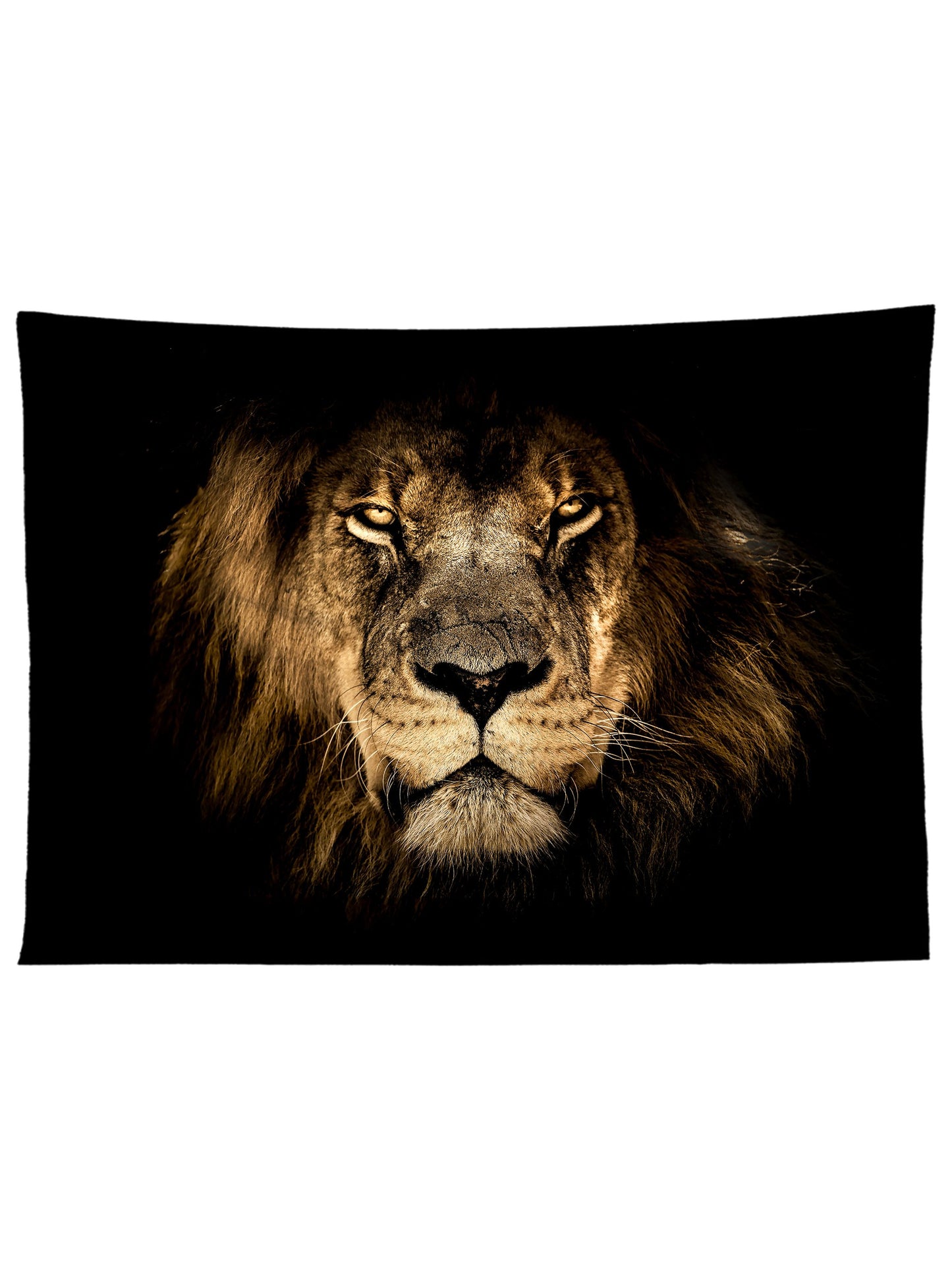 Horizontal hanging view of all over print broen & black lion tapestry by GratefullyDyed Apparel.