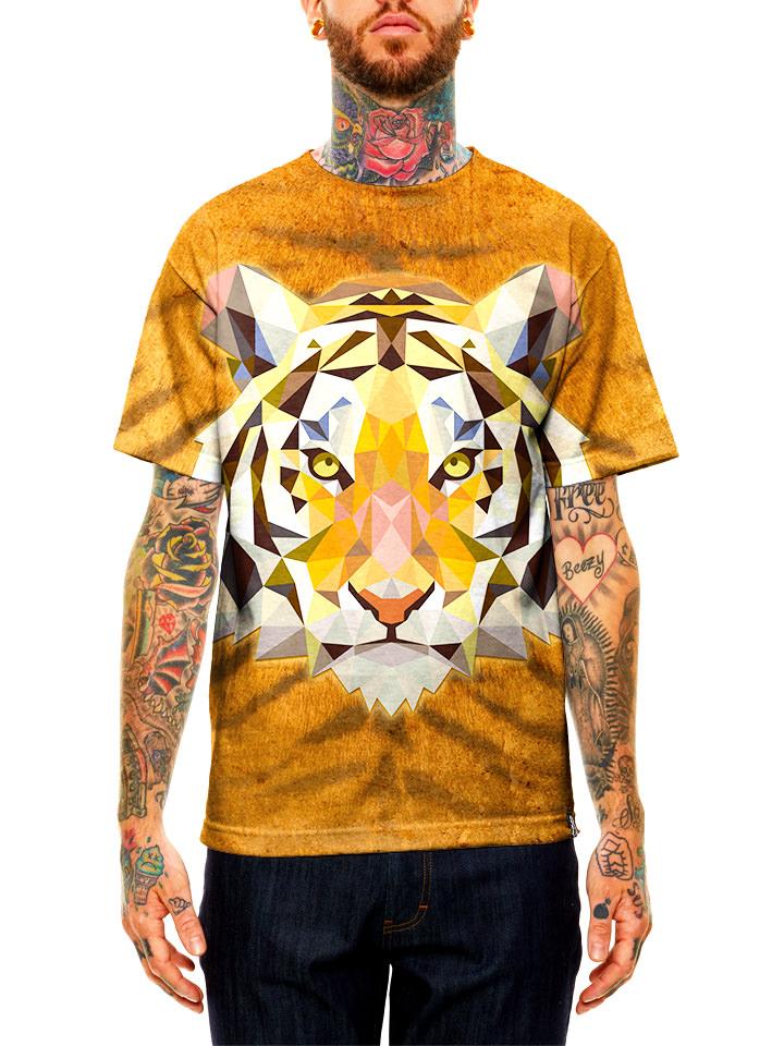 Model wearing GratefullyDyed Apparel orange & white geometric tiger unisex t-shirt.
