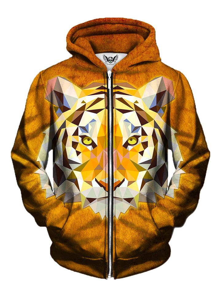 Men's orange geometric tiger zip-up hoodie front view.