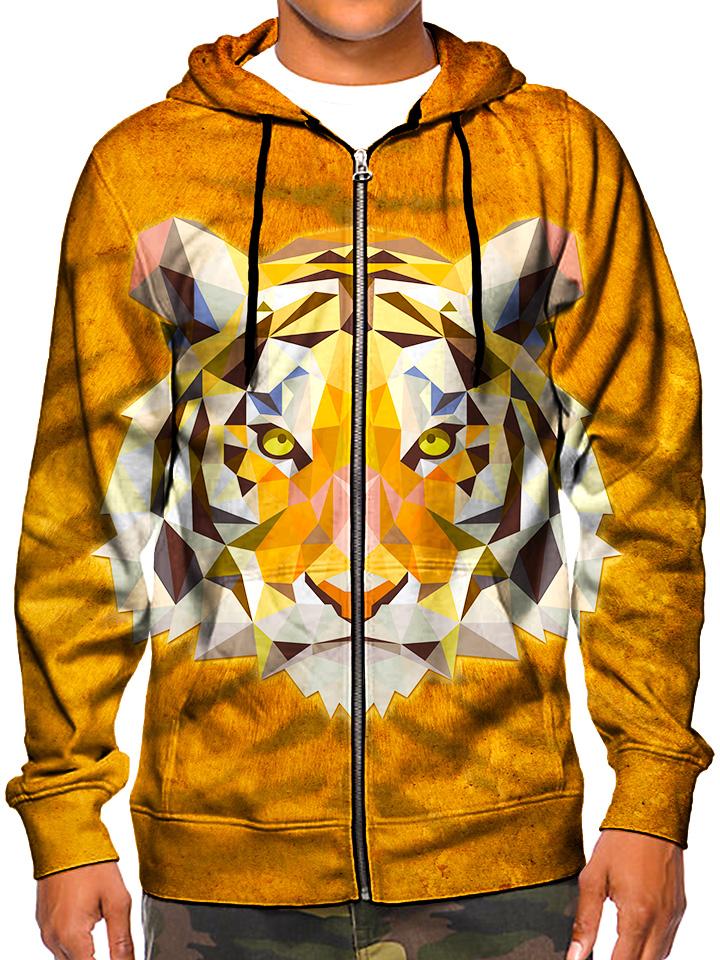 Model wearing GratefullyDyed Apparel trippy geometric tiger zip-up hoodie.