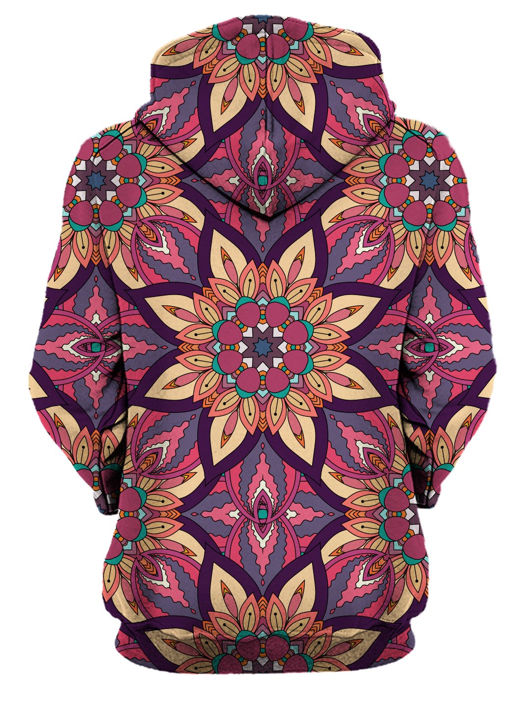 Rear of women's pink, purple, yellow & teal retro flower mandala hoody. 