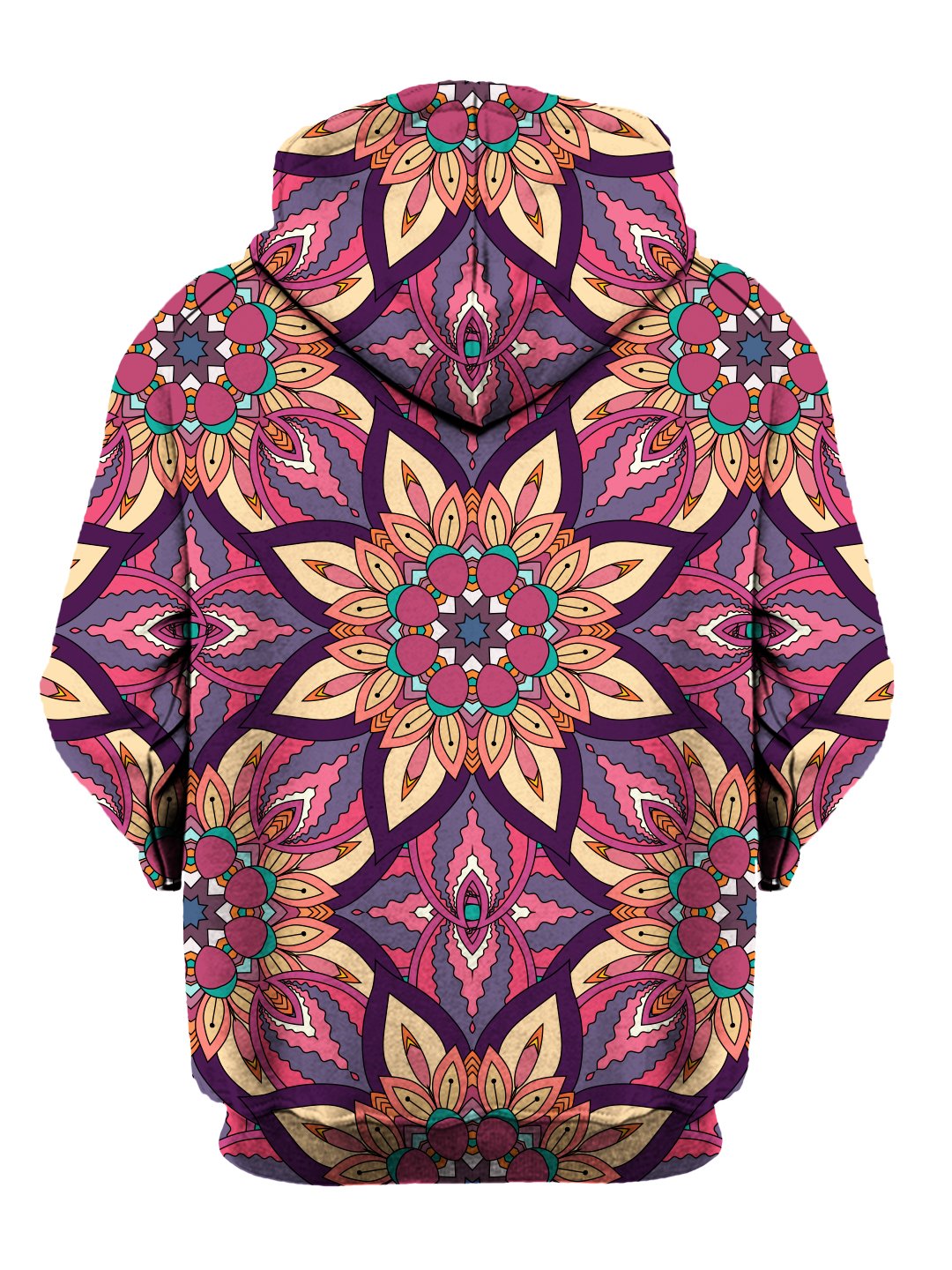 Back view of all over print psychedelic sacred geometry hoody by Gratefully Dyed Apparel. 