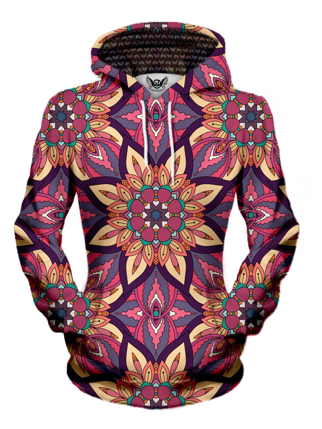 Women's front view of trippy flower mandala pullover hoodie.