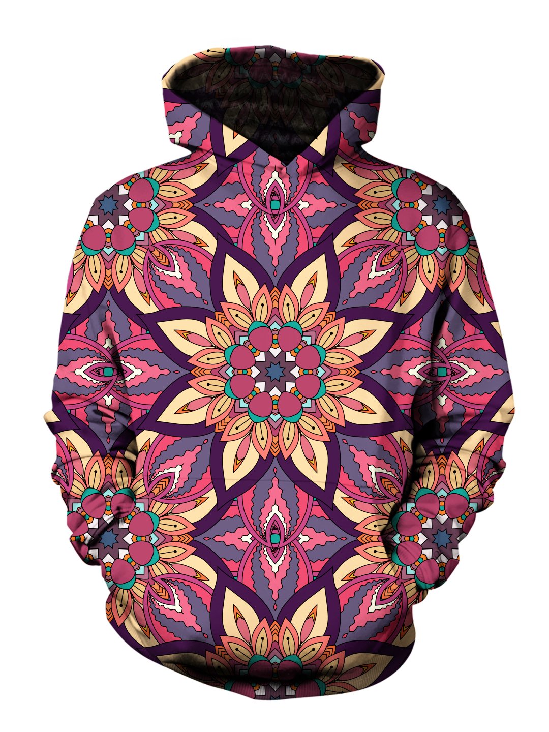 Men's pink, yellow, purple & teal retro flower mandala pullover hoodie front view.