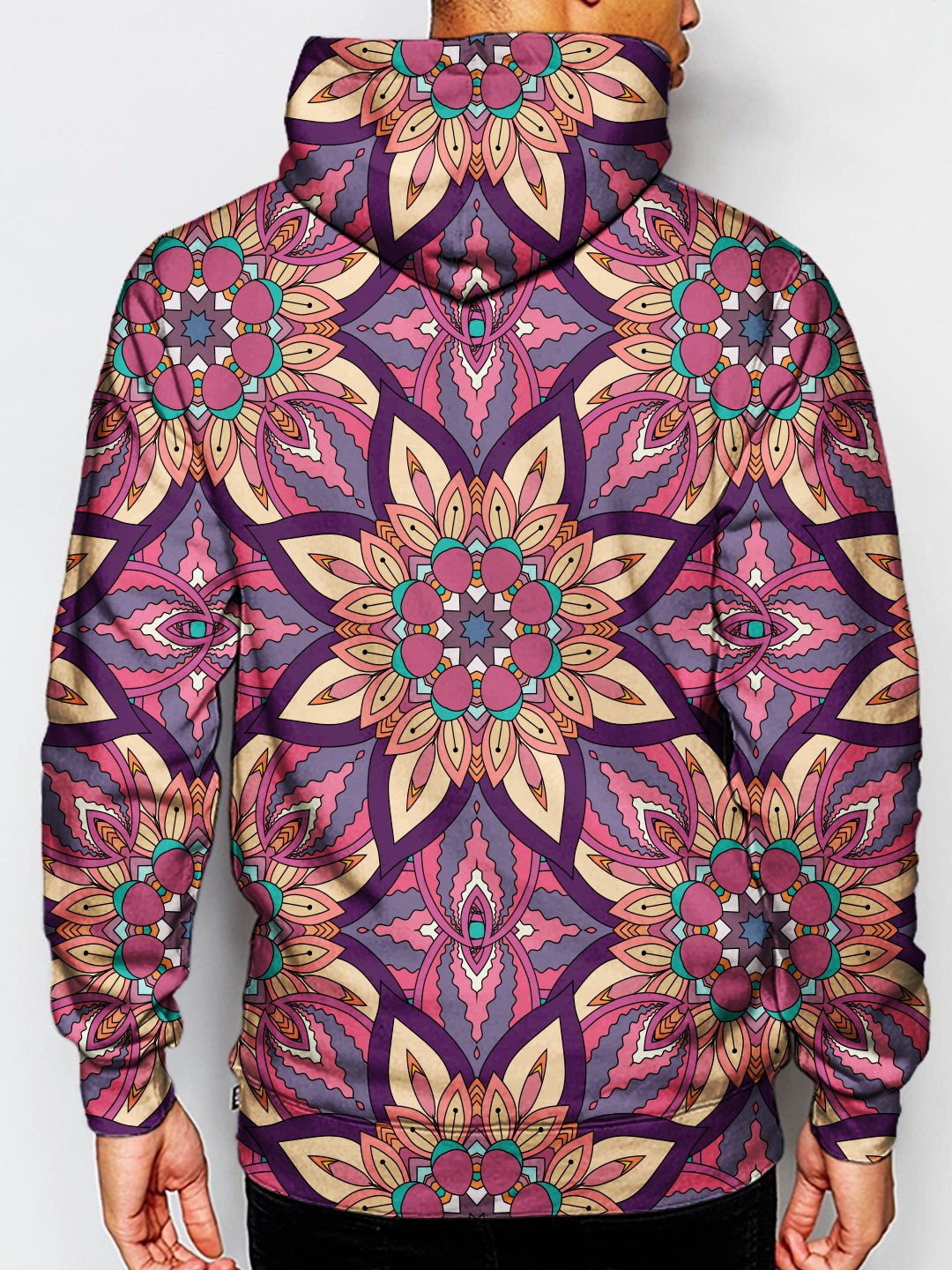 Model wearing GratefullyDyed Apparel psychedelic flower mandala pullover hoodie.
