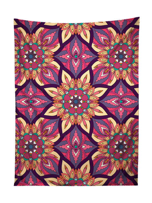 Vertical hanging view of all over print pink, purple, orange & yellow flower mandala tapestry by GratefullyDyed Apparel.
