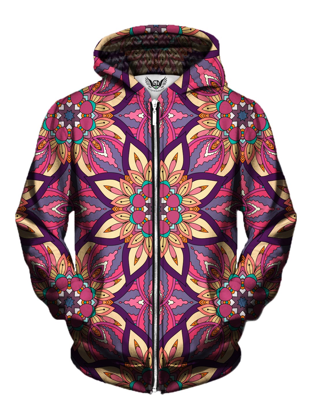 Men's pink, yellow & purple flower mandala zip-up hoodie front view.