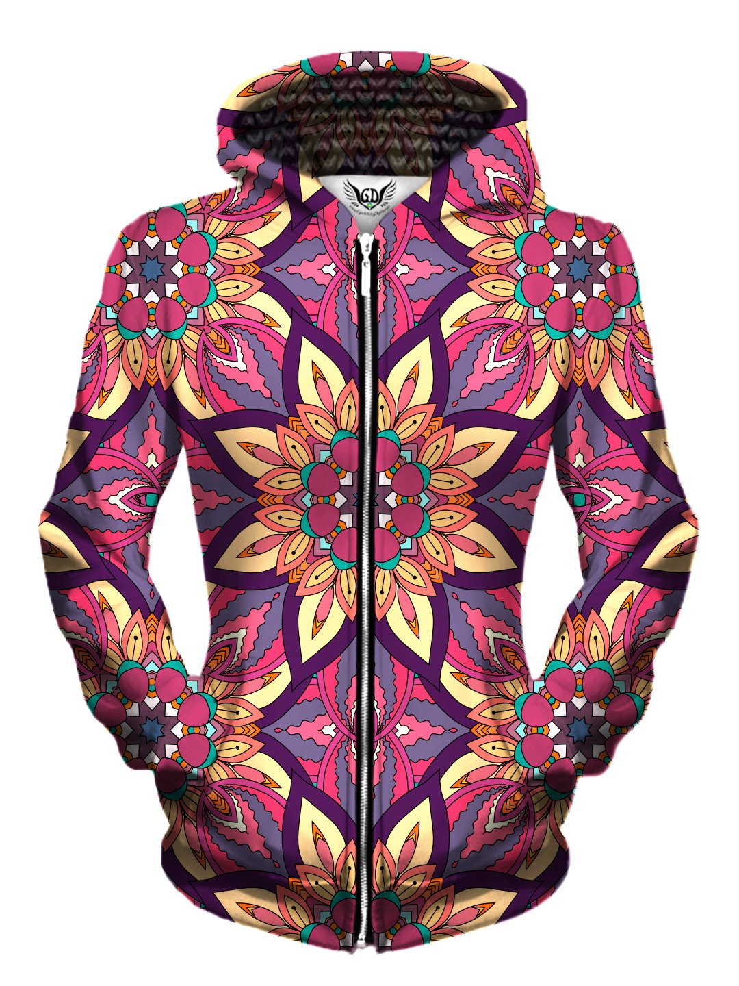 Front view of women's all over print sacred geometry zip up hoody by Gratefully Dyed Apparel.