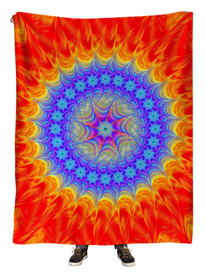 Hanging view of all over print blue & orange mandala blanket by GratefullyDyed Apparel.