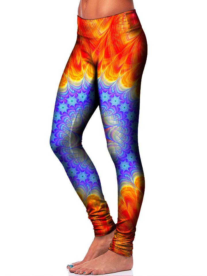 Posed model side view of psychedelic sacred geometry leggings by Gratefully Dyed Apparel.