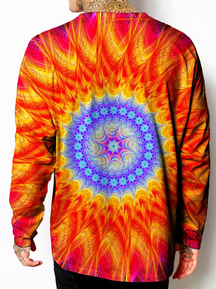 Model back view of all over print psychedelic sacred geometry unisex longsleeve.