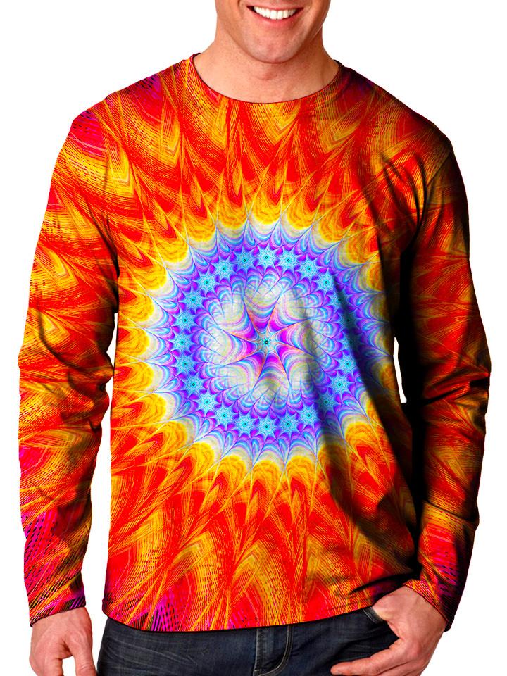 Front view of model wearing Gratefully Dyed Apparel mandala unisex long sleeve.