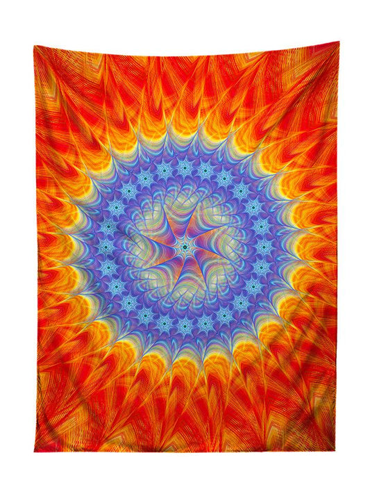Vertical hanging view of all over print blue & orange mandala tapestry by GratefullyDyed Apparel.