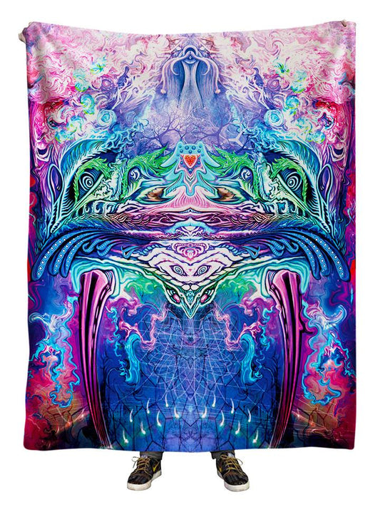 Hanging view of all over print pink, green & blue abstract visionary art blanket by GratefullyDyed Apparel.