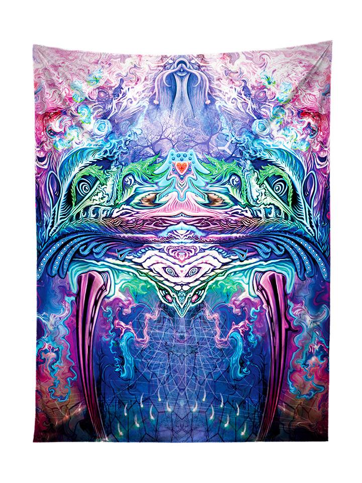 Vertical hanging view of all over print pink, blue & green abstract visionary art tapestry by GratefullyDyed Apparel.