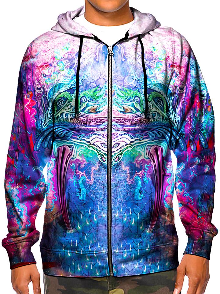 Model wearing GratefullyDyed Apparel psychedelic visionary art zip-up hoodie.
