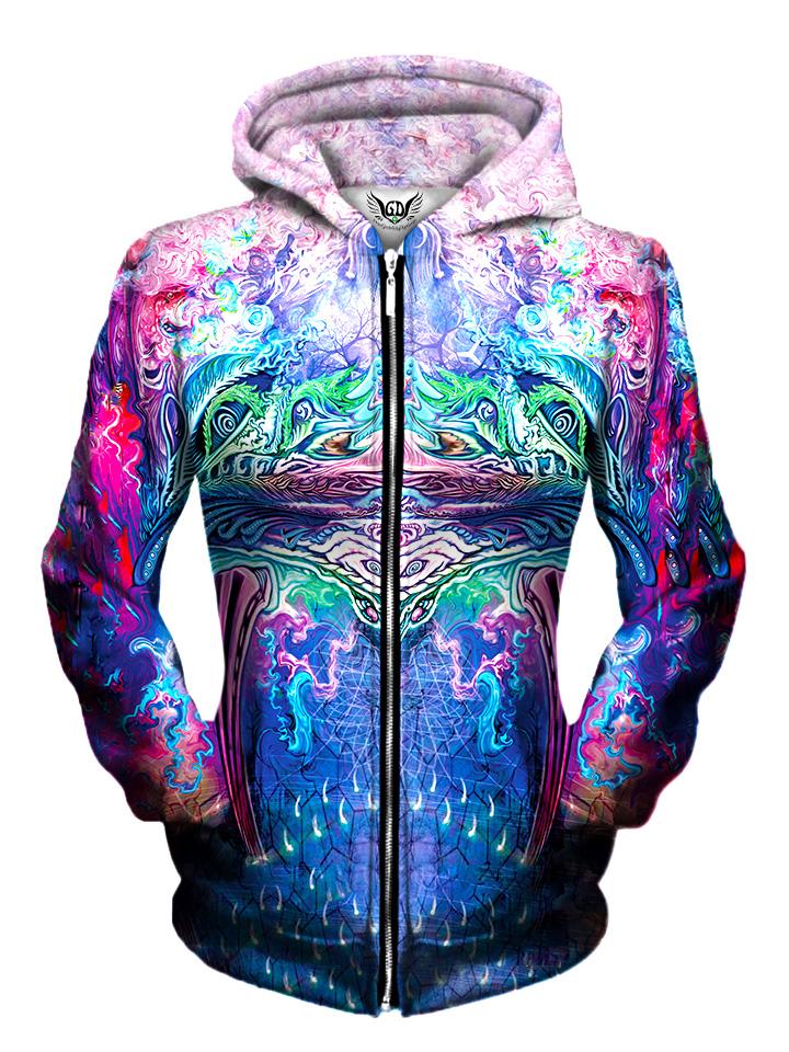 Front view of women's all over print sacred geometry zip up hoody by Gratefully Dyed Apparel.