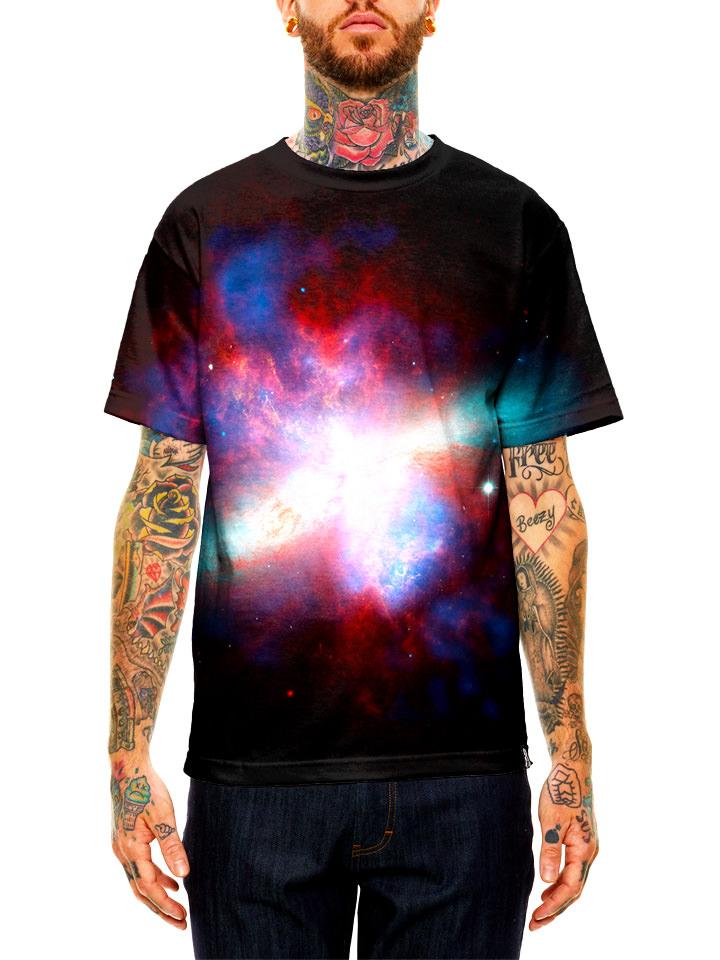Model wearing GratefullyDyed Apparel rainbow nebula galaxy unisex t-shirt.