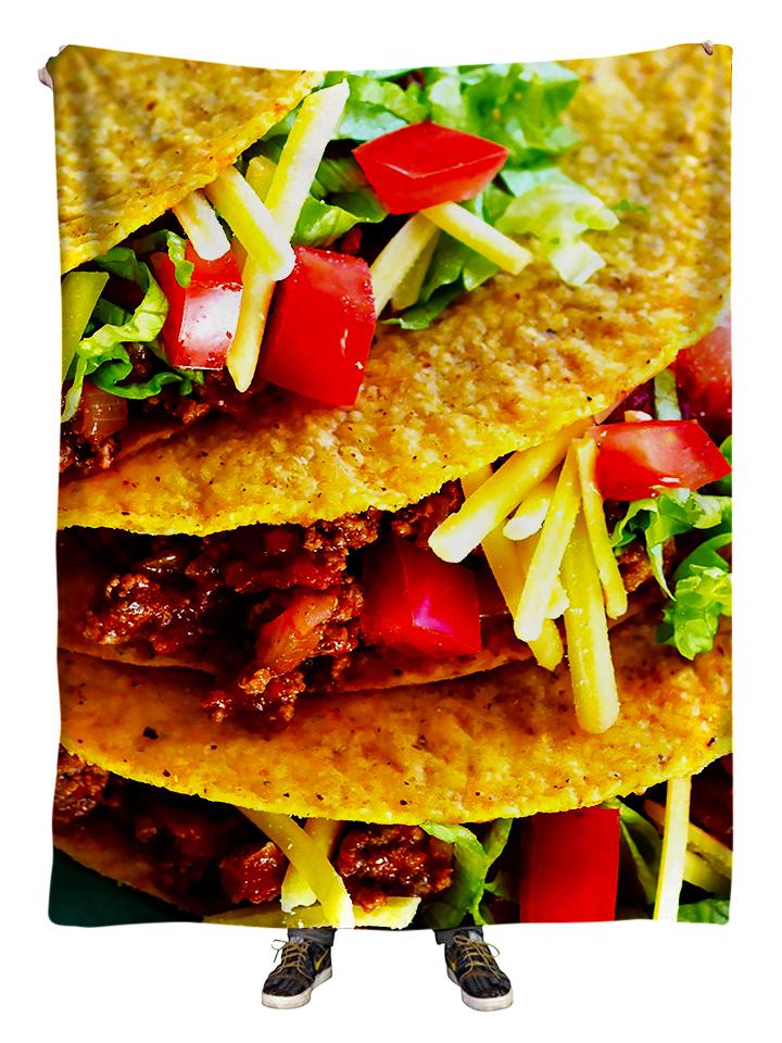Hanging view of all over print crunchy tacos blanket by GratefullyDyed Apparel.