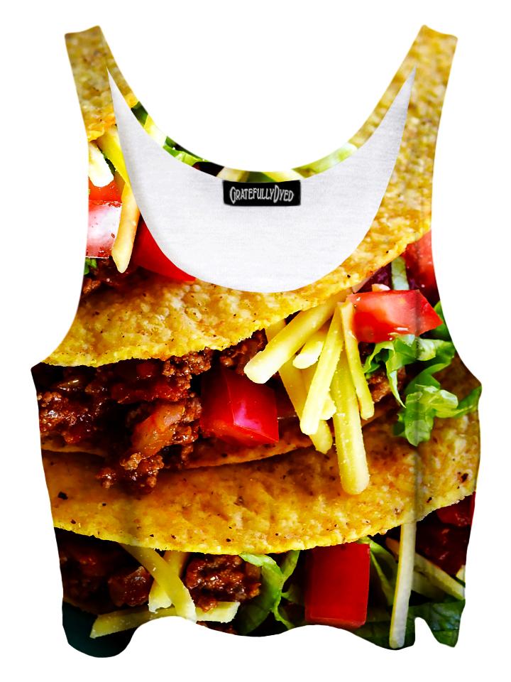 Trippy front view of GratefullyDyed Apparel crunchy tacos crop top.