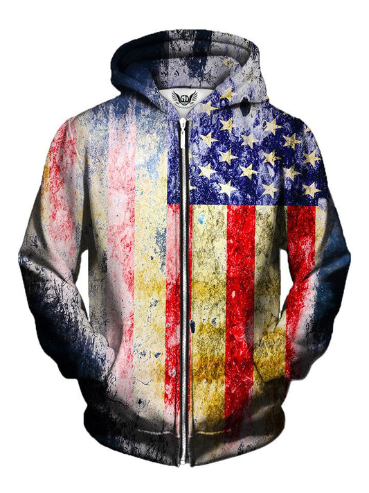 Men's rustic american flag zip-up hoodie front view.