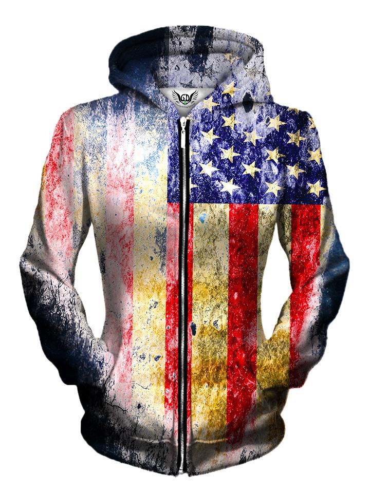 Front view of women's all over print 4th of July space zip up hoody by Gratefully Dyed Apparel.