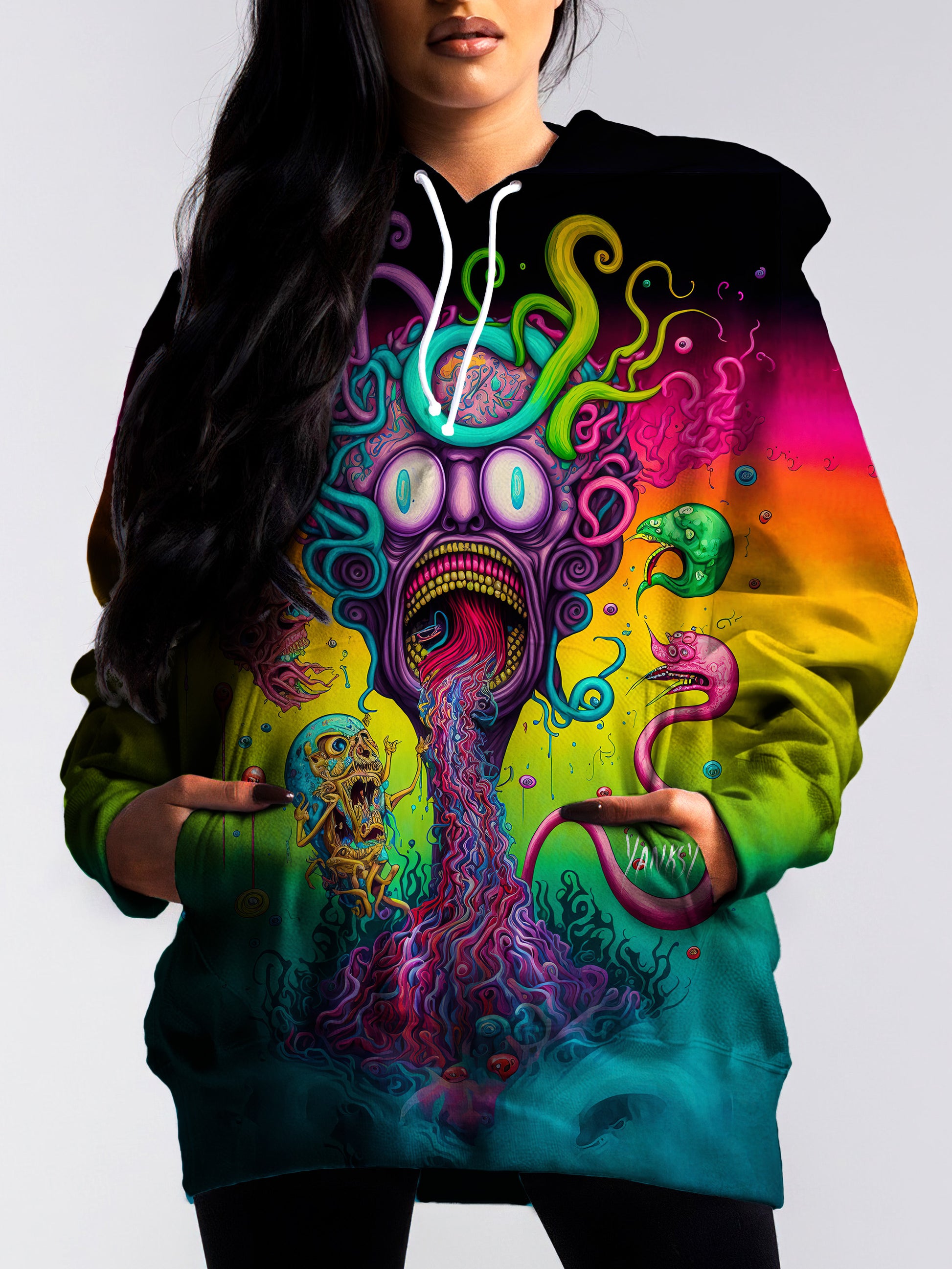 turn heads with this bright and colorful trippy pullover hoodie
