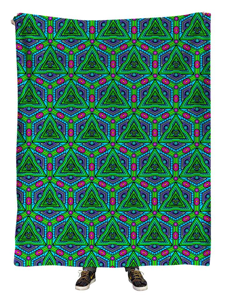 Hanging view of all over print green, blue & pink sacred Geometry blanket by GratefullyDyed Apparel.