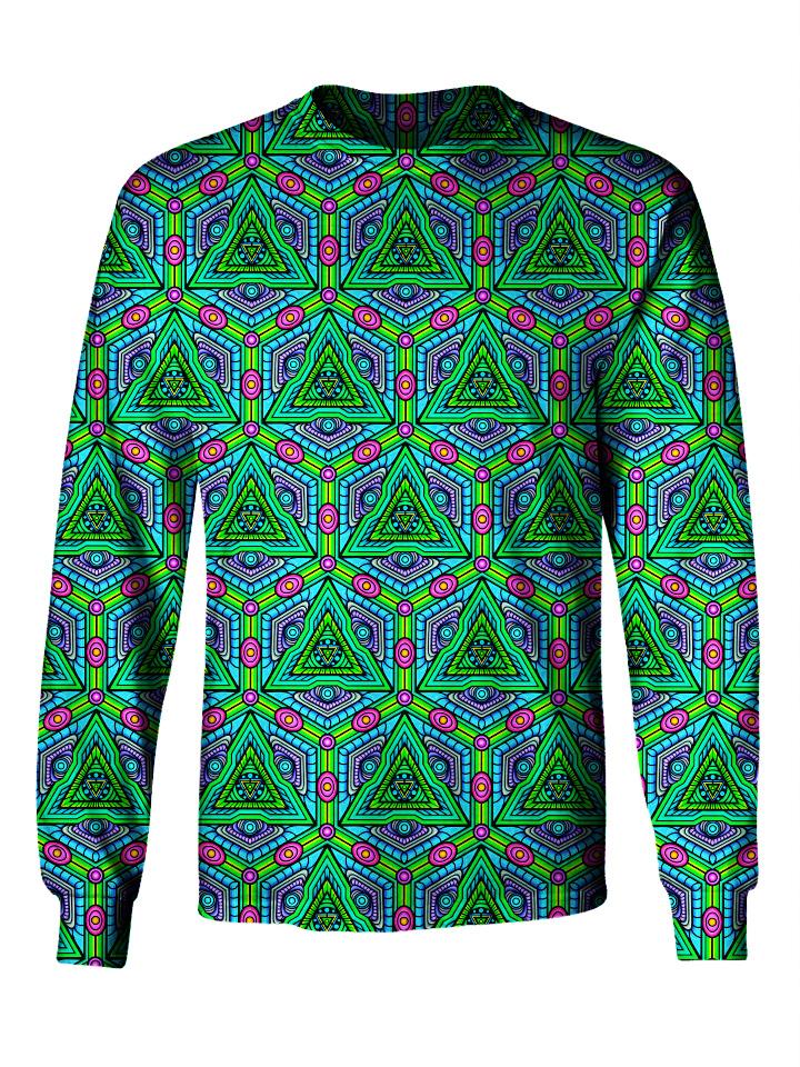 Gratefully Dyed Apparel green, blue, purple & pink fractal unisex long sleeve front view.