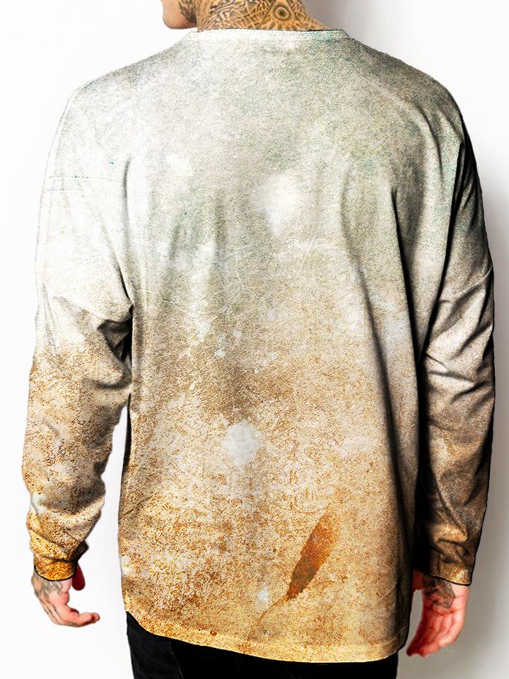 Model back view of all over print psychedelic space unisex longsleeve.
