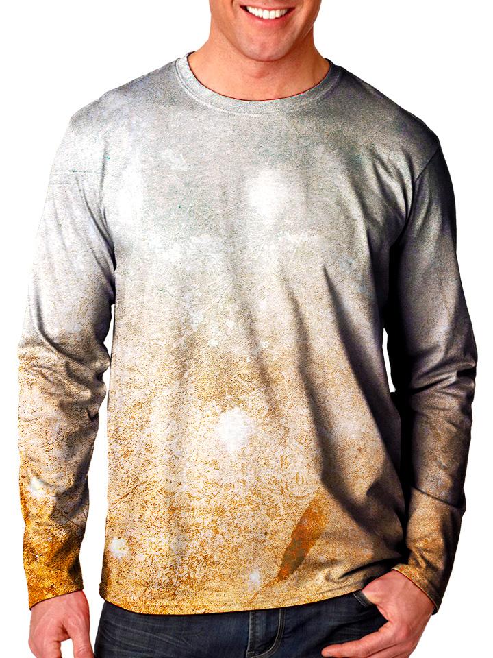 Front view of model wearing Gratefully Dyed Apparel pastel desert galaxy unisex long sleeve.