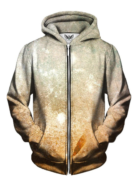 Men's pastel desert galaxy zip-up hoodie front view.