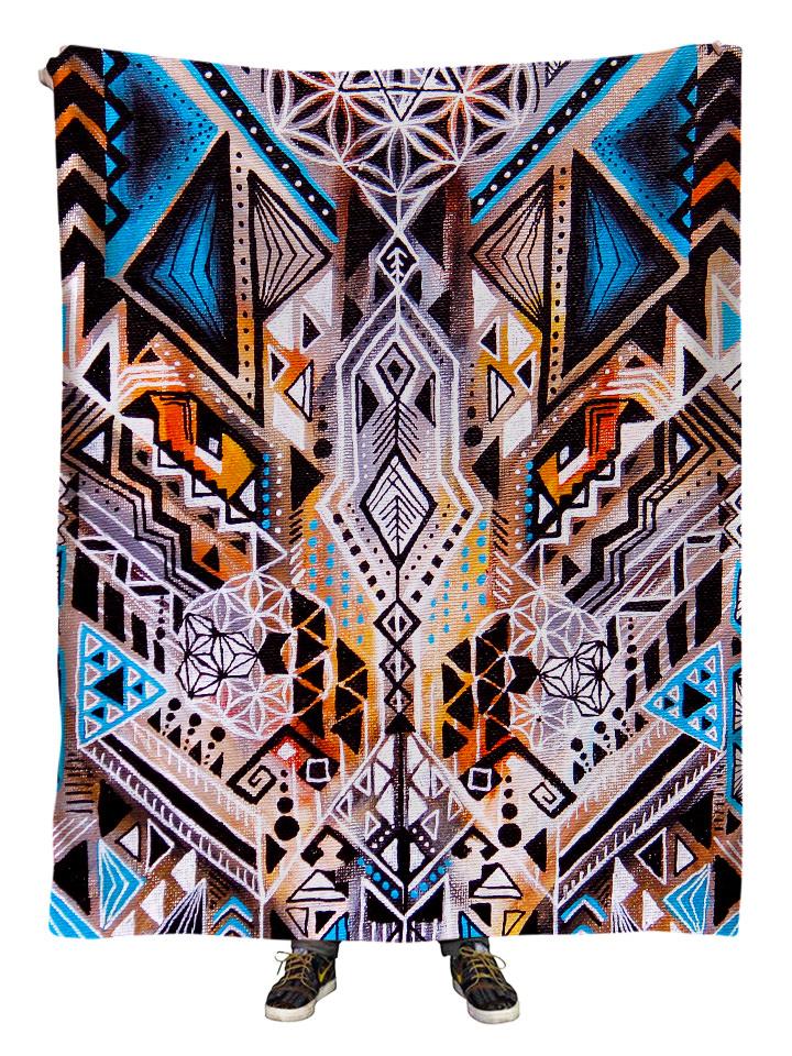 Hanging view of all over print orange, blue & white tribal sacred geometry blanket by GratefullyDyed Apparel.