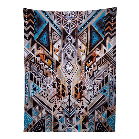 Vertical hanging view of all over print blue, orange & white tribal sacred geometry tapestry by GratefullyDyed Apparel.